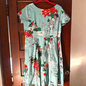 Teal Dress with floral patterns - cocktail length, short sleeve - Sz. XXL